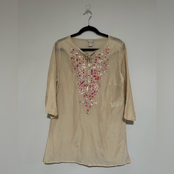 Chico’s Silk Blend Sequined Tunic Top Size 1 US Size 8/10 Feminine Boho - Picture 1 of 6